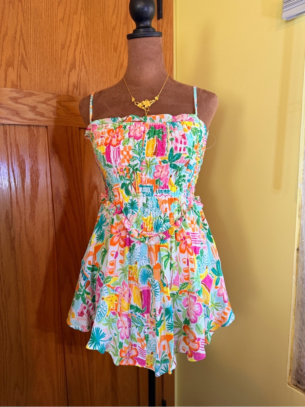 No Boundaries Multicolor Tropical Smocked Mini Dress
